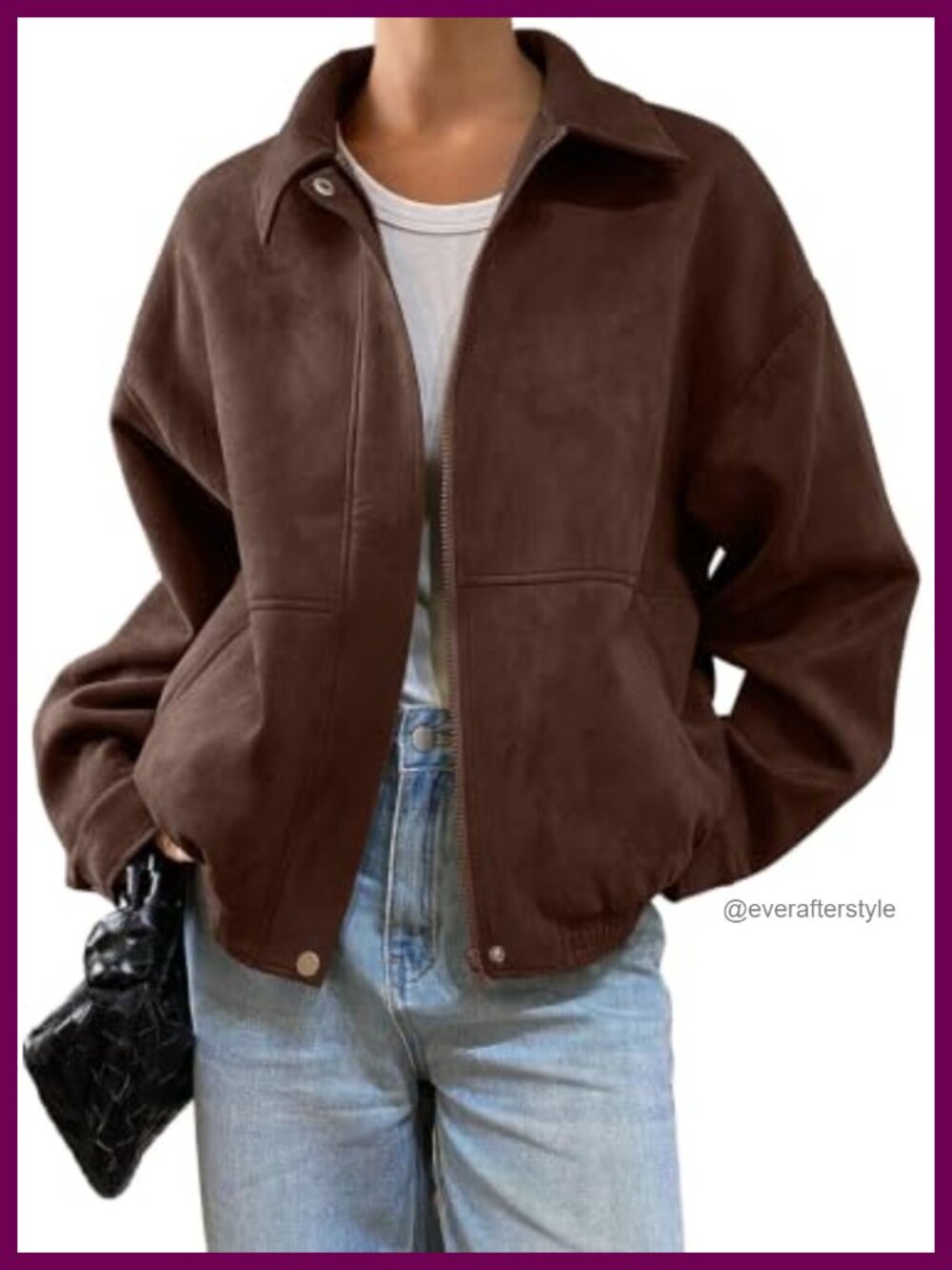 Faux Suede Bomber Jacket Oversized Zip Up Cropped Coat
